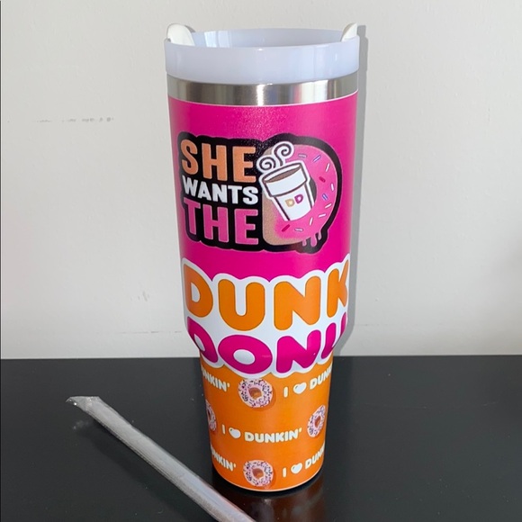 Dunkin Pink and Orange Insulated Travel Mug with Handle - Picture 3 of 7